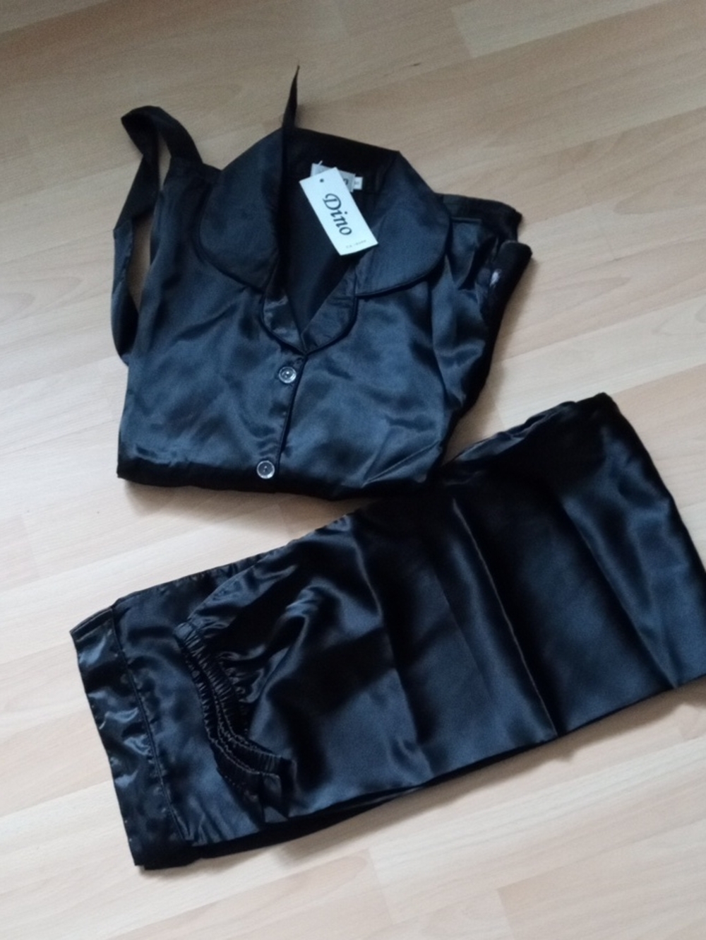 Black Satin Pajama Set with Button-Front Top by Dnro